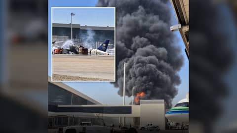 FLAMES on the runway Firefighters douse the burned wreckage of what appears to be a Saudia aircraft at King Khalid International Airport in Riyadh, amid reports of a Houthi missile attack on the Saudi capital. Hundreds were wounded and about a dozen were killed, authorities say.
